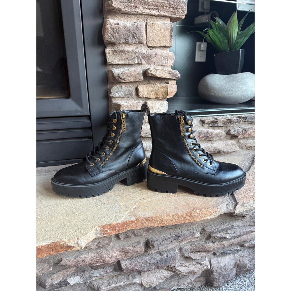 Guess Fearne Black Platform Chunky Boots Gold Hardware Women's 9M Moto Grunge